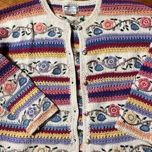 Vintage Jennifer Reed Hand Knitted Embroidered Sweater XL Cottagecore
